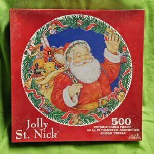 Gibson Jolly St. Nick Christmas Santa Round 20 1/2" Dia Puzzle 500 Pcs. NEW